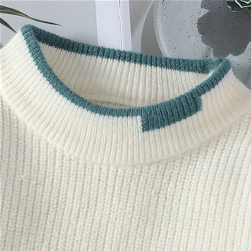 Rovelli cream knit sweater with green ribbed collar detail