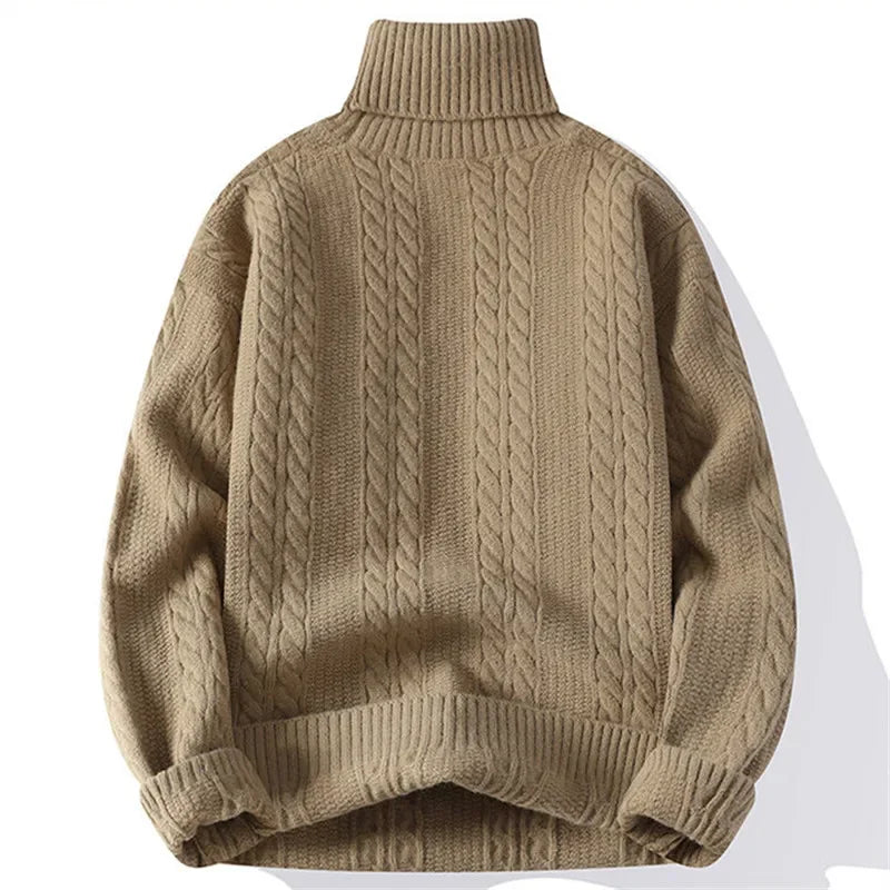 Rovelli beige cable knit turtleneck sweater with ribbed cuffs and hem