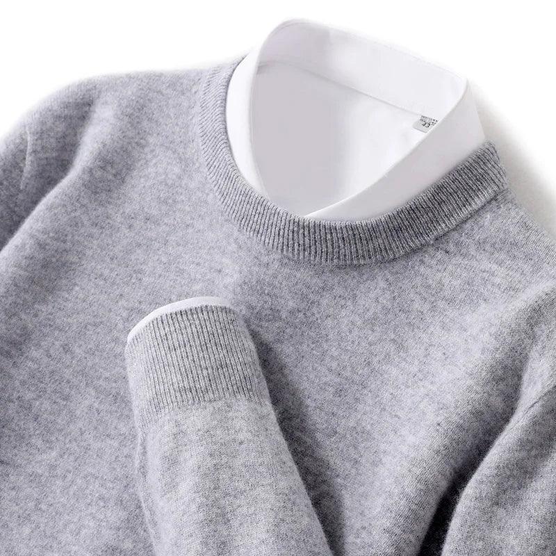 Rovelli soft grey knit sweater with white mock shirt collar and cuffs, close-up view