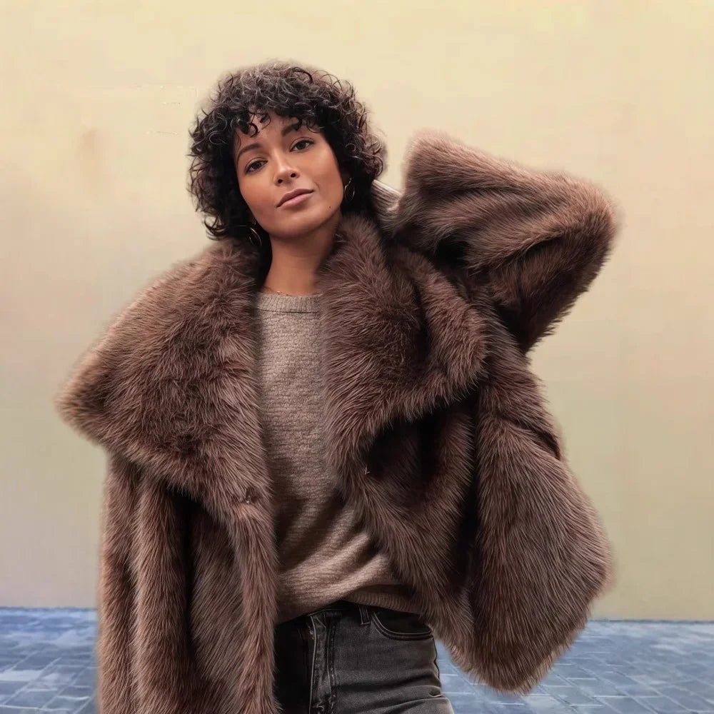 Woman wearing luxurious brown faux fur coat, Rovelli fashion, neutral background