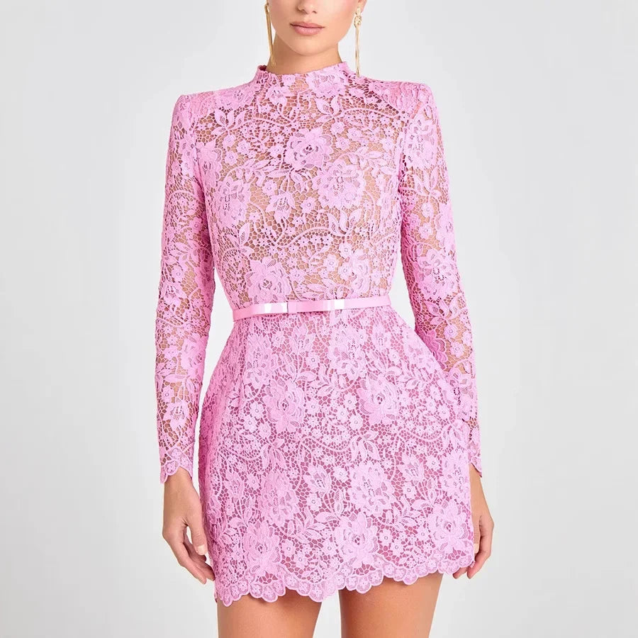 Rovelli pink lace mini dress with long sleeves and floral pattern, belted waist