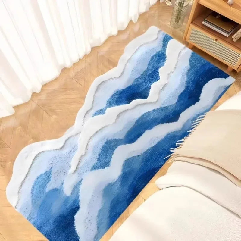 Blue and white abstract area rug in modern living room with wooden floor, Rovelli home decor