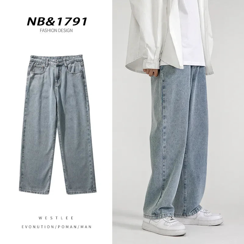 Two images: on the left, premium denim wide-leg jeans in a vintage wash laid flat; on the right, a person wears these relaxed fit jeans with a white shirt and sneakers. Text: NB&1791 FASHION DESIGN.