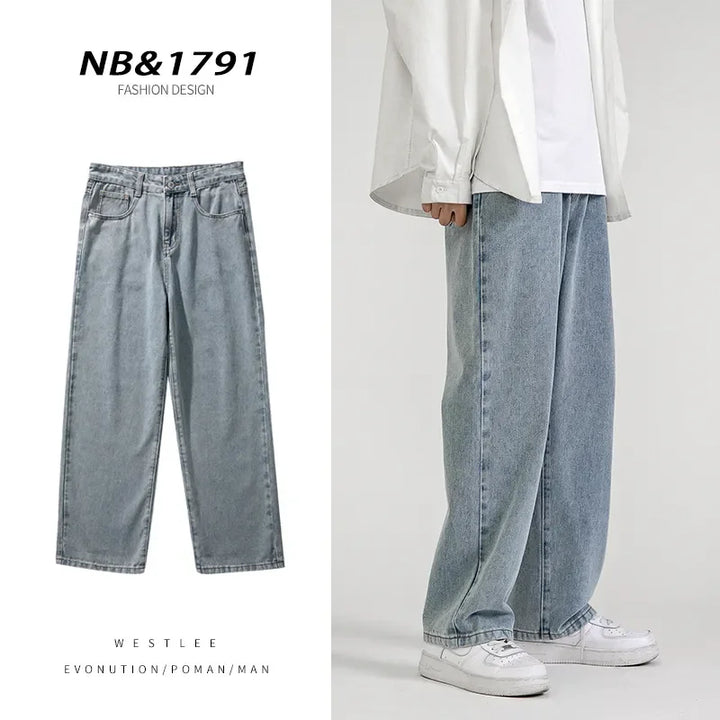 Two images: on the left, premium denim wide-leg jeans in a vintage wash laid flat; on the right, a person wears these relaxed fit jeans with a white shirt and sneakers. Text: NB&1791 FASHION DESIGN.