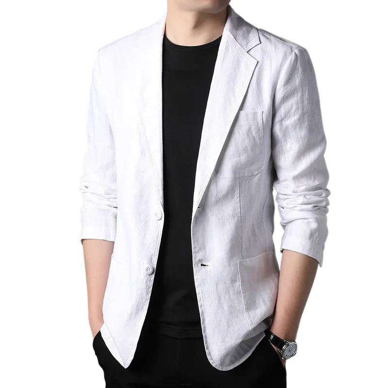 Man wearing a white linen blazer with black shirt, Rovelli modern fashion style