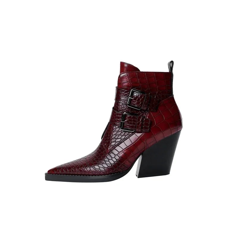 Rovelli burgundy crocodile pattern ankle boot with block heel and double buckle detail