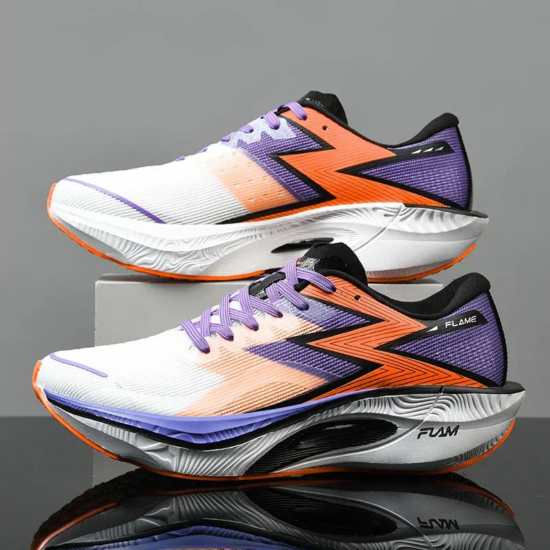 Two modern running shoes with white uppers, orange gradient details, black accents, and purple highlights are displayed side by side on a gray surface, featuring an ultra-lightweight build and shock-absorbing sole for enhanced comfort and performance.