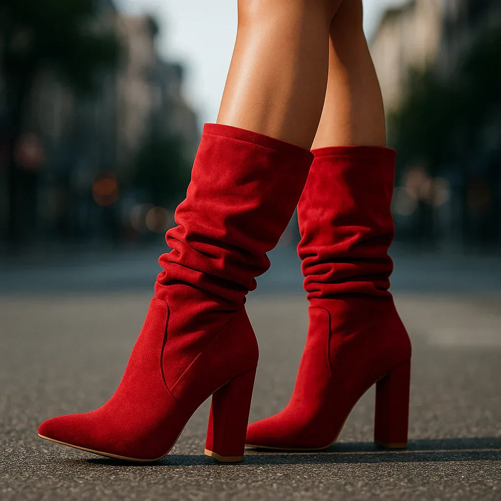 Rovelli Serena slouchy red suede boots with block heel on street background