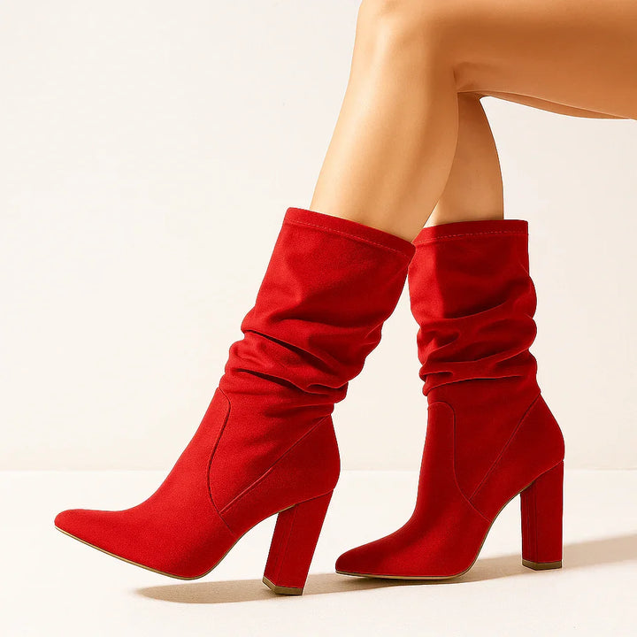 Rovelli red suede slouchy boots for women with block heels, stylish footwear on model