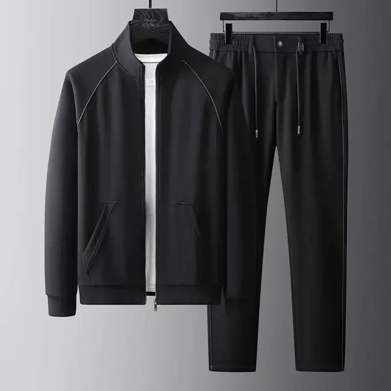 Rovelli men's black tracksuit set with zip-up jacket and drawstring pants on hangers