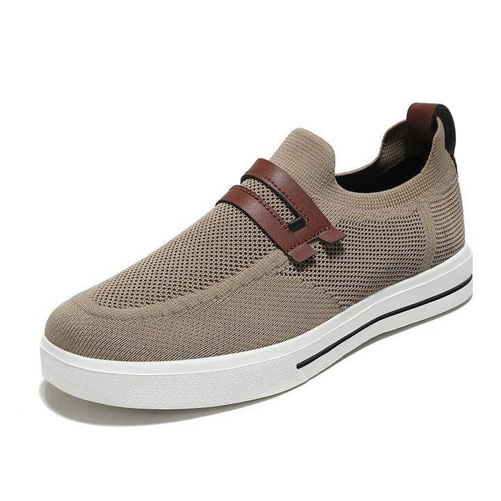 Rovelli beige knit loafer with white sole and brown accent strap, modern men's shoe