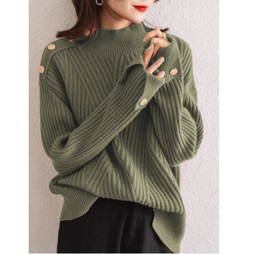 Woman wearing olive green ribbed sweater with button details, Rovelli fashion style