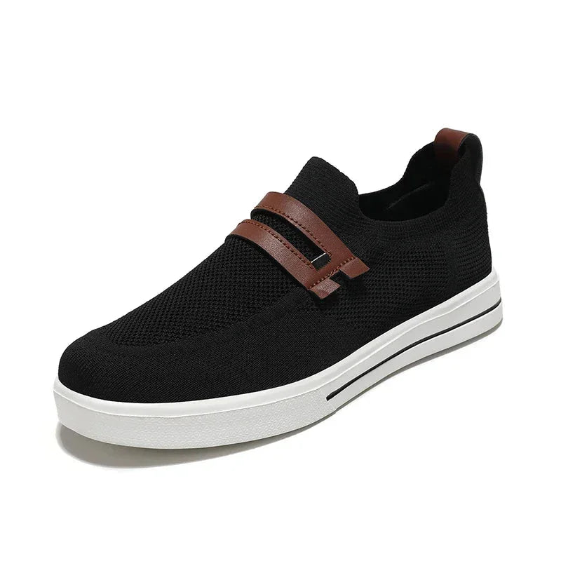 Rovelli black knit slip-on sneaker with brown leather strap and white sole