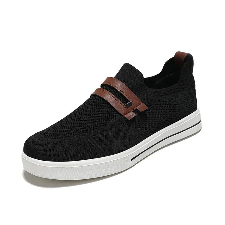 Rovelli black knit slip-on sneaker with brown leather strap and white sole