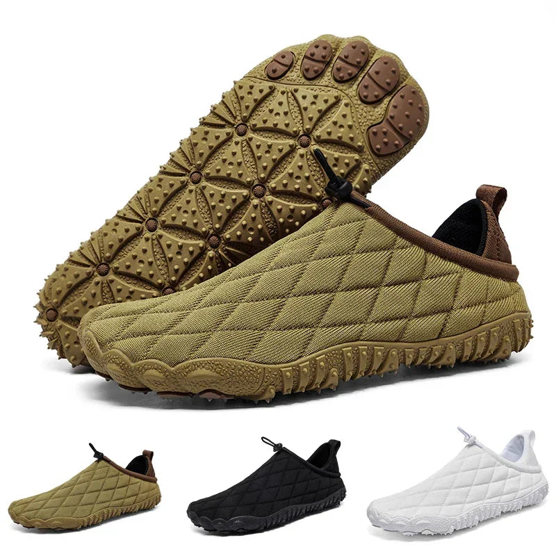 Rovelli slip-on quilted outdoor shoes in tan, black, and white with rugged rubber soles