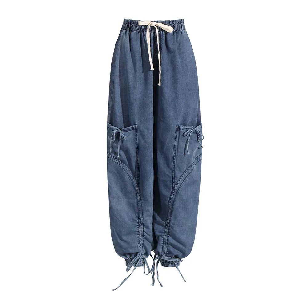 Rovelli blue denim cargo pants with drawstring waist and large pockets