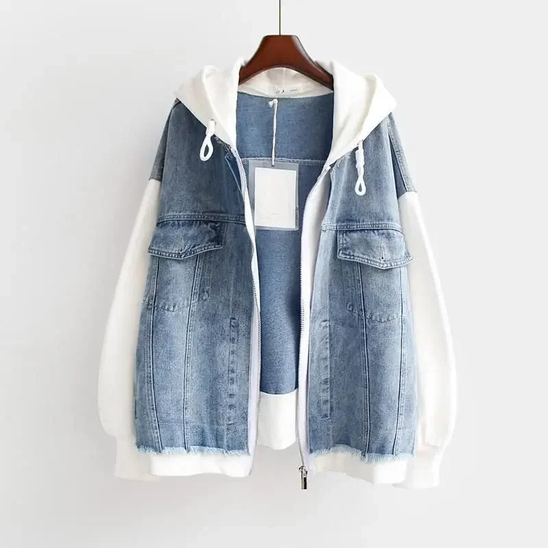Rovelli blue denim jacket with white hoodie sleeves on hanger