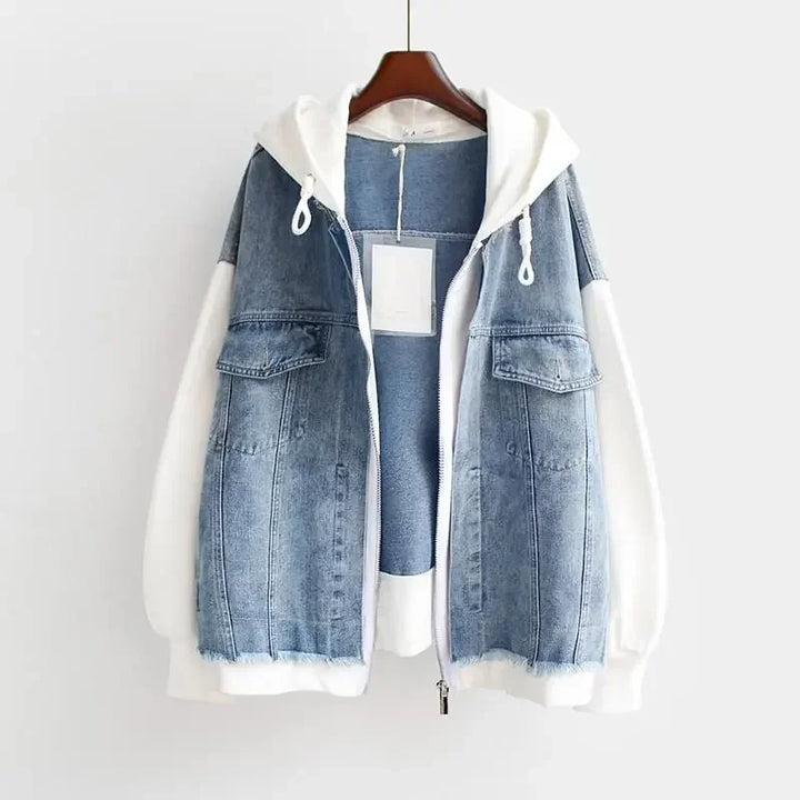 Rovelli blue denim jacket with white hoodie sleeves on hanger