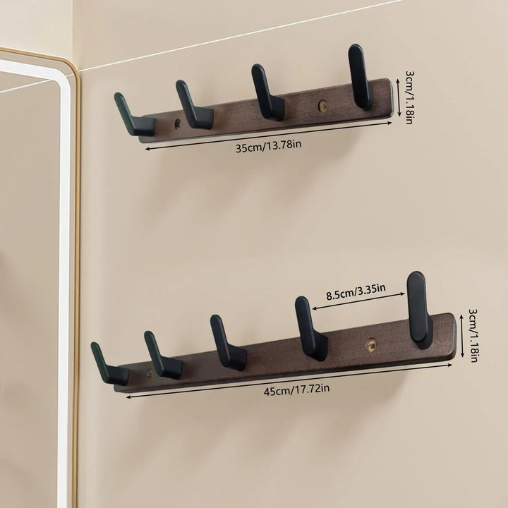 Modern wall-mounted coat hooks with measurements, wood and black finish, Rovelli home decor