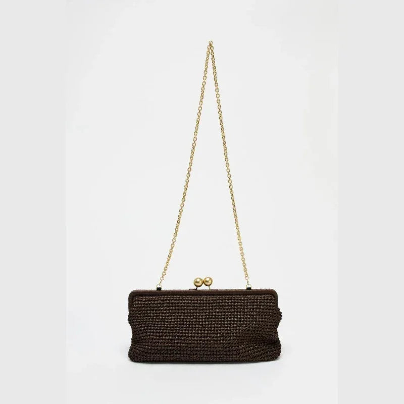 Rovelli dark brown woven clutch bag with gold chain strap and kiss lock clasp