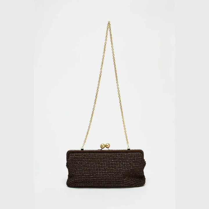 Rovelli dark brown woven clutch bag with gold chain strap and kiss lock clasp