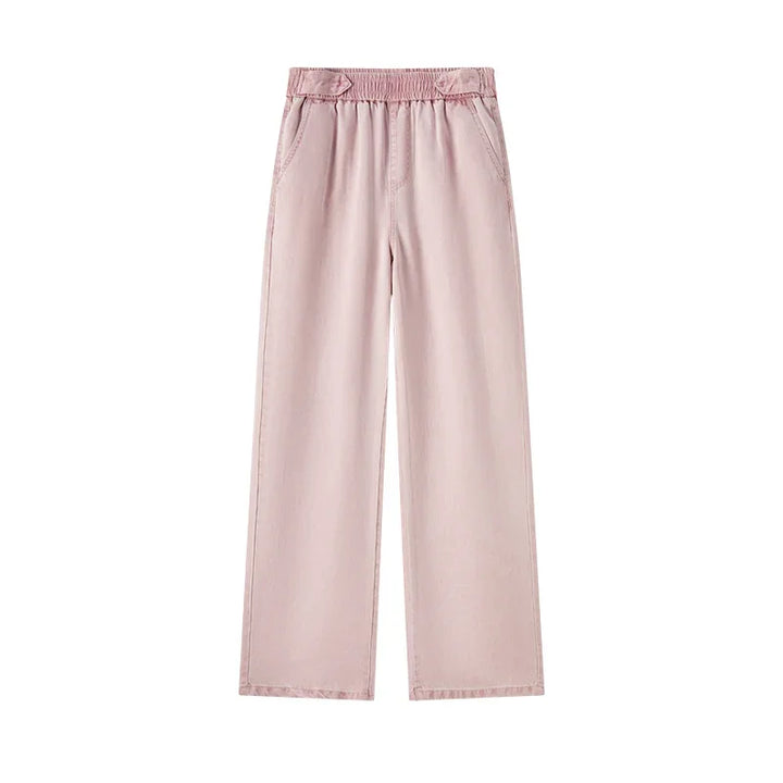 Light pink wide-leg pants crafted from breathable denim, featuring an elastic waistband and side pockets, displayed on a plain white background.