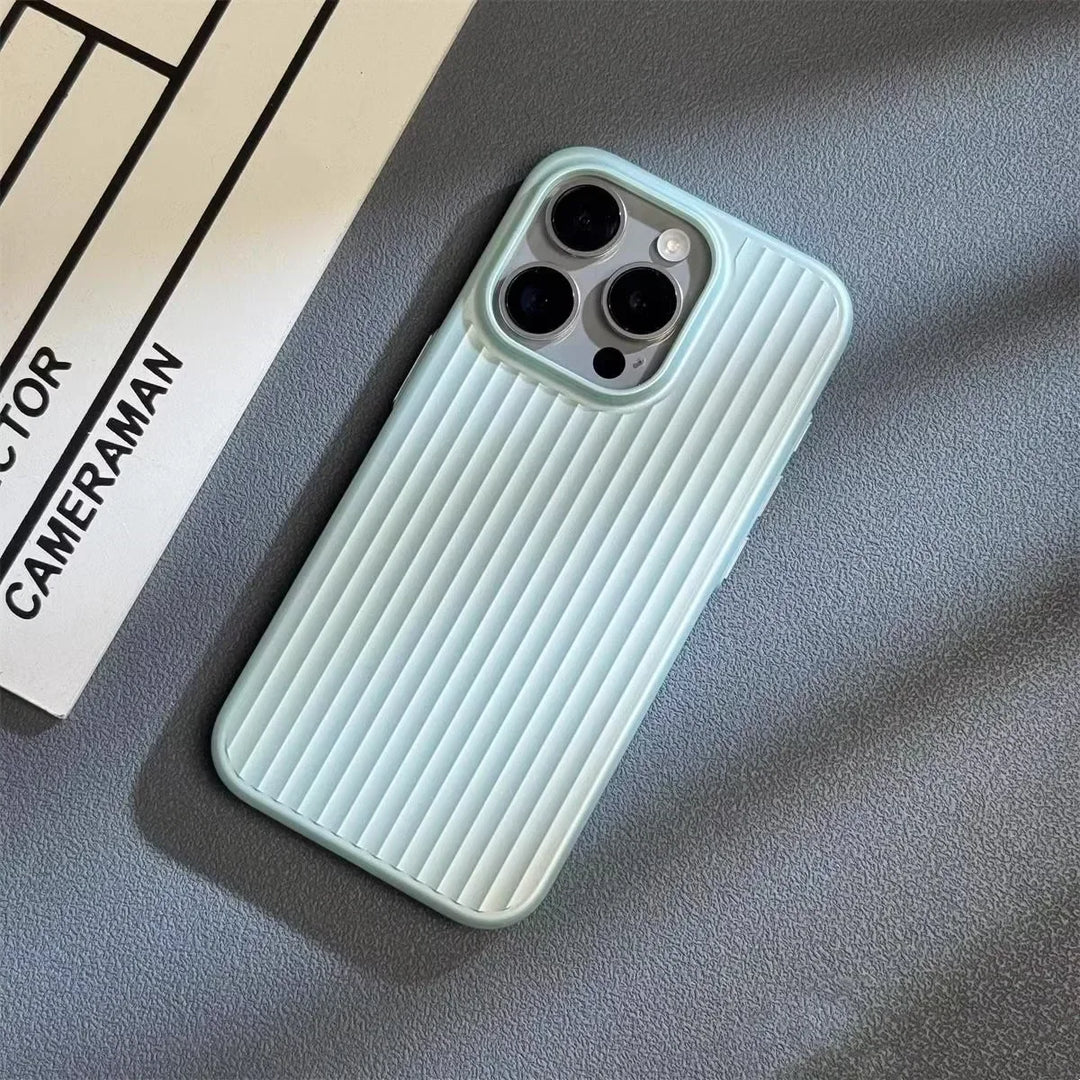 Light blue ribbed smartphone case on desk, Rovelli phone accessory