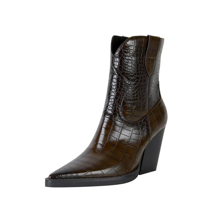 Rovelli brown crocodile-embossed leather ankle boot with pointed toe and block heel
