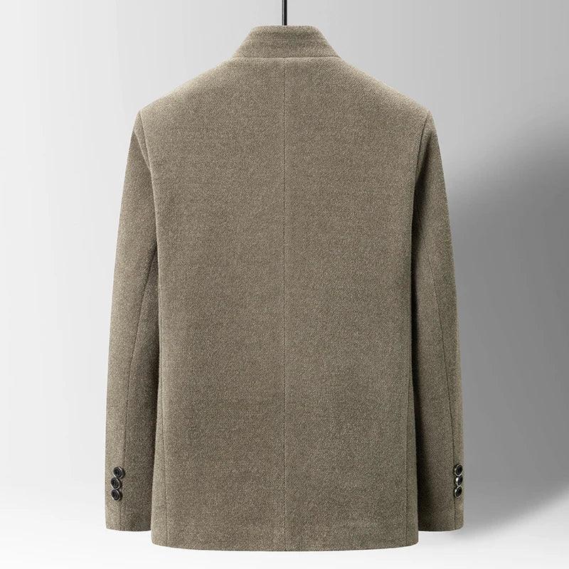 Back view of a taupe wool blazer with buttoned sleeves, Rovelli menswear fashion
