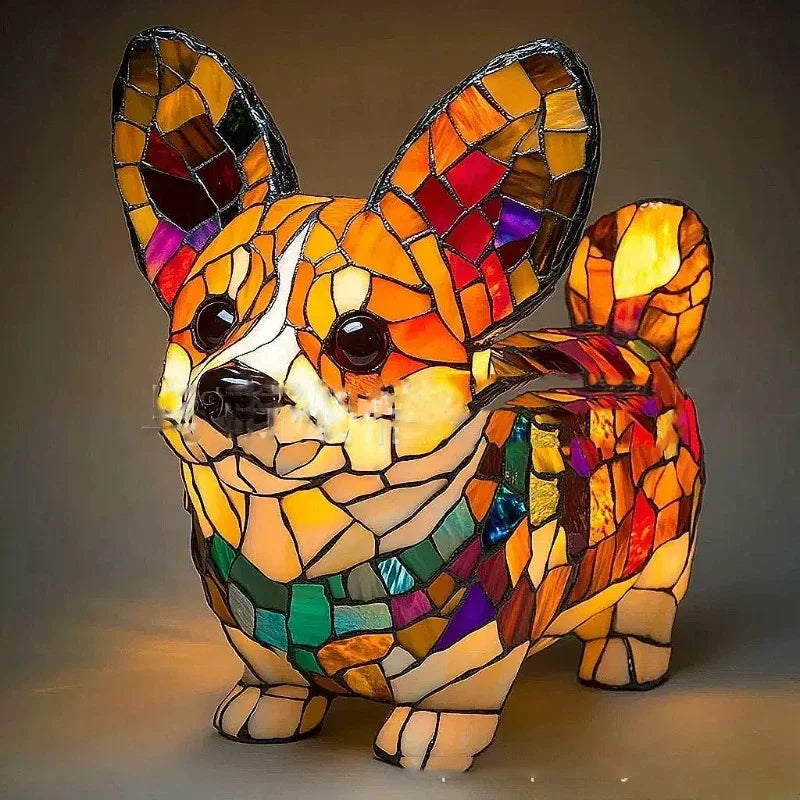 Rovelli stained glass corgi dog lamp with colorful mosaic design, glowing on display