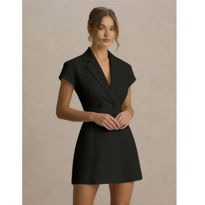 Woman wearing a black blazer dress with short sleeves, stylish look for Rovelli fashion.