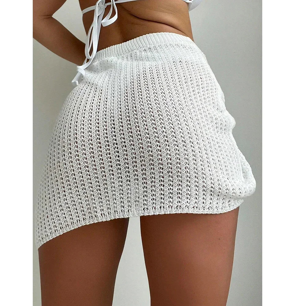 Rovelli white crochet mini skirt, detail view, summer fashion clothing