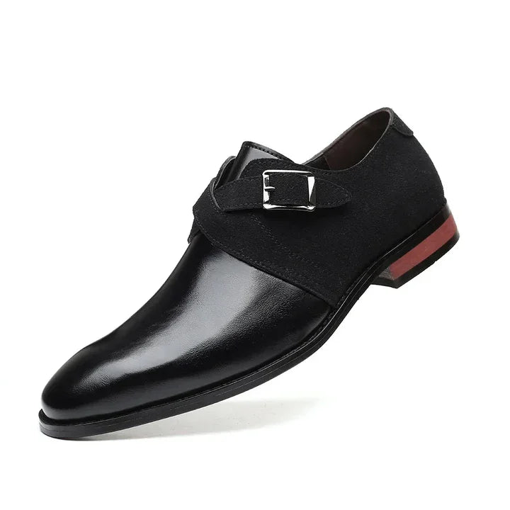 Rovelli black leather men's dress shoe with suede strap and silver buckle
