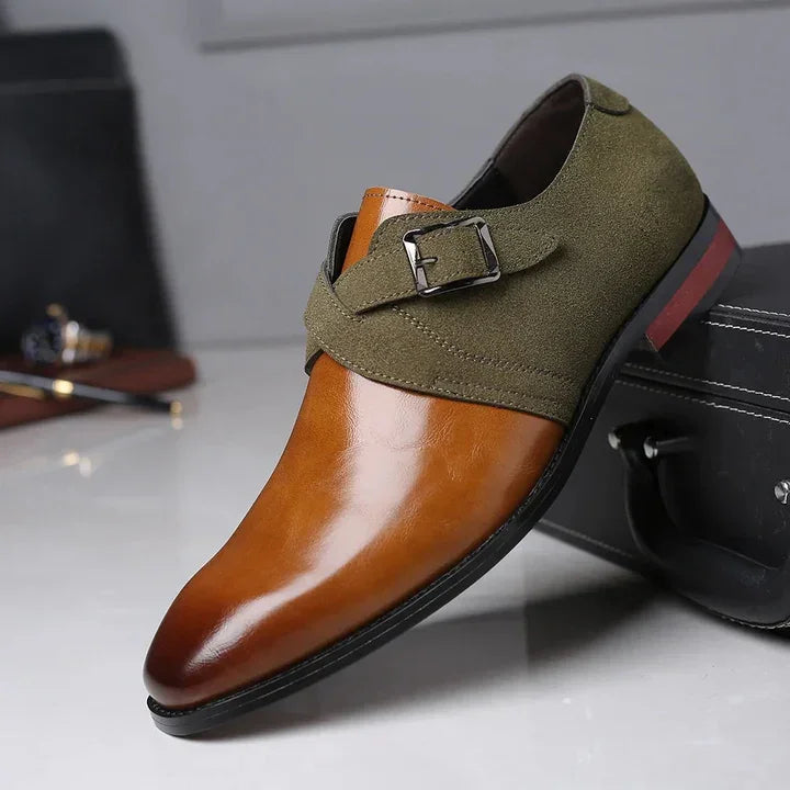 Rovelli men's dress shoe with brown leather toe, olive green suede, and side buckle detail