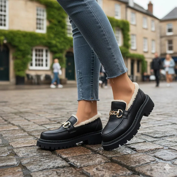 Rovelli Treva black plush loafers with gold chain detail, worn outdoors on cobblestone street