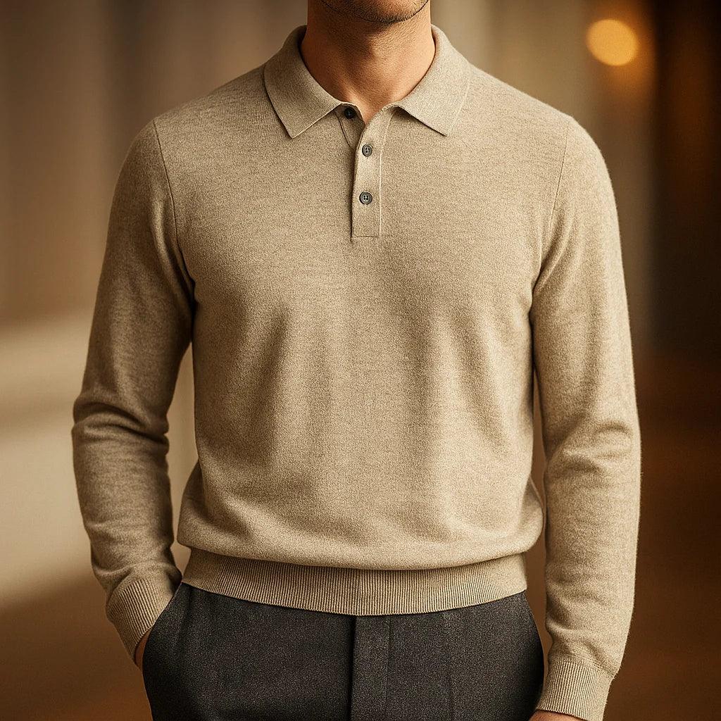 Beige merino wool polo sweater by Rovelli, long sleeves, smart casual menswear