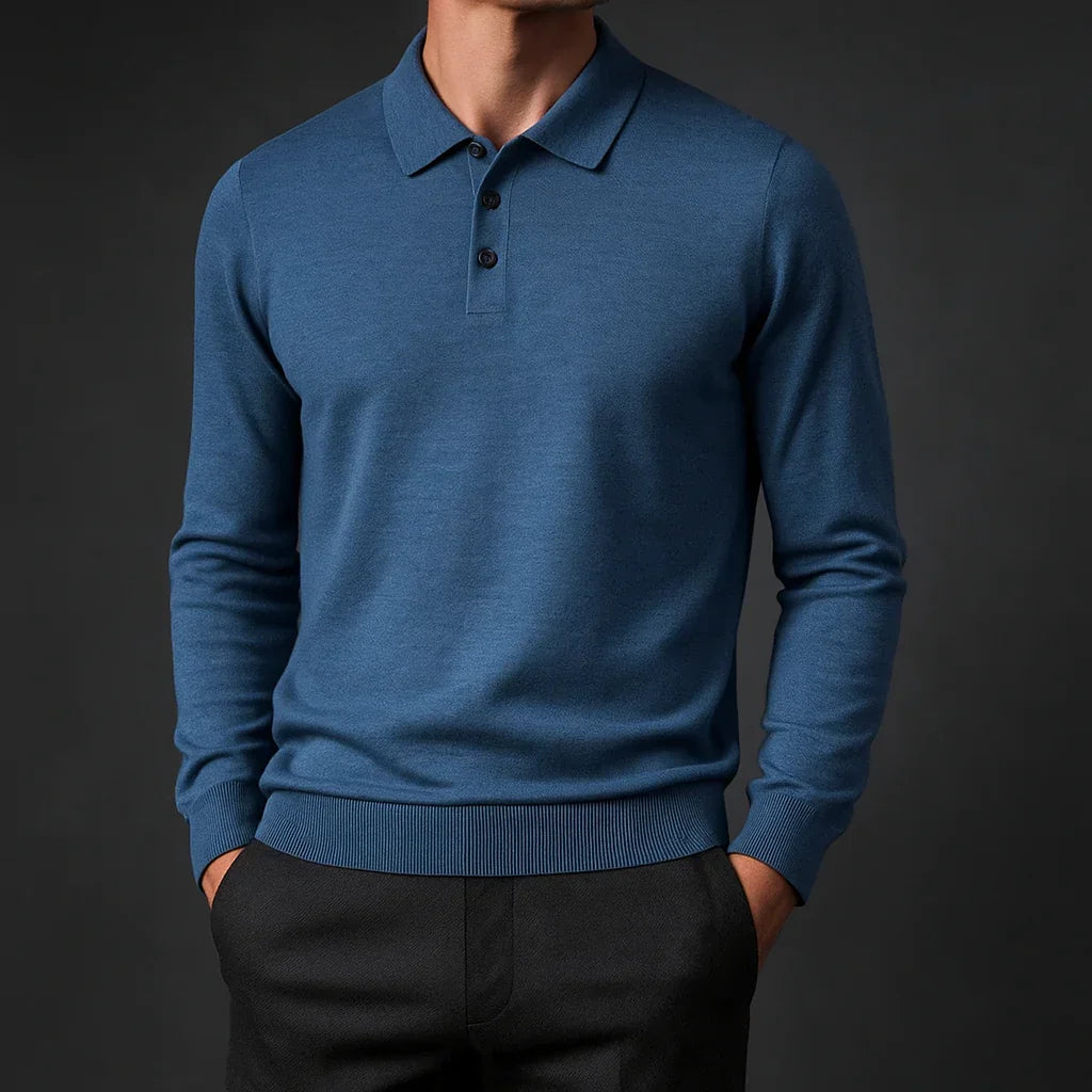 Rovelli men's blue merino wool long sleeve polo shirt with black buttons