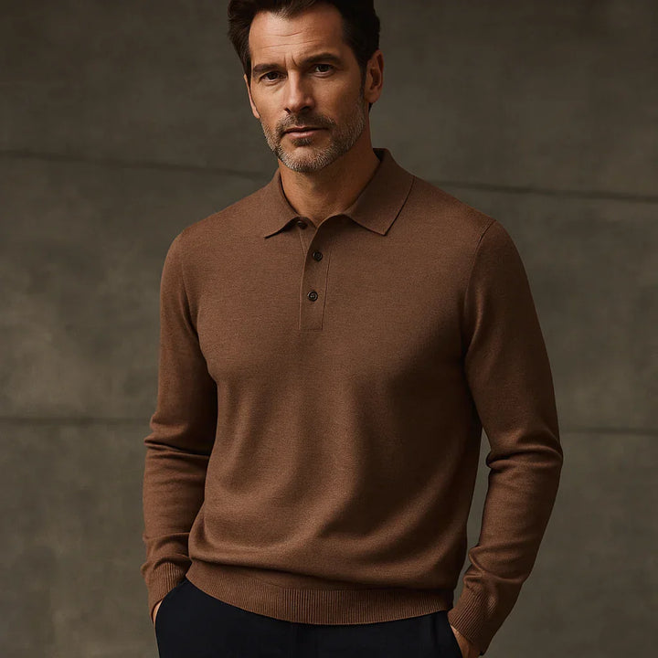 Man wearing brown merino wool polo sweater from Rovelli against a neutral background