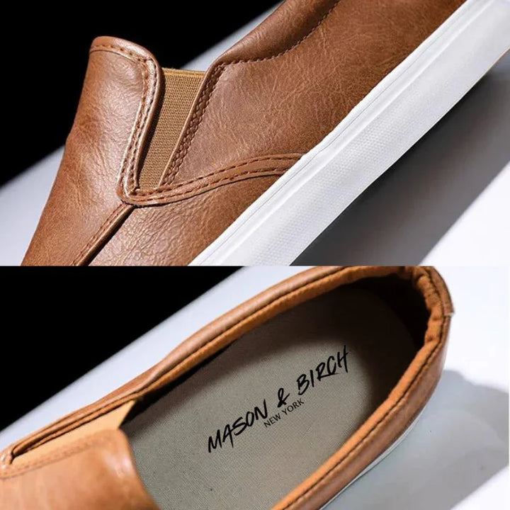 Close-up views of a mens slip-on shoe with a white rubber-leather sole; the insole displays the brand name MASON & BIRCH NEW YORK in black text.