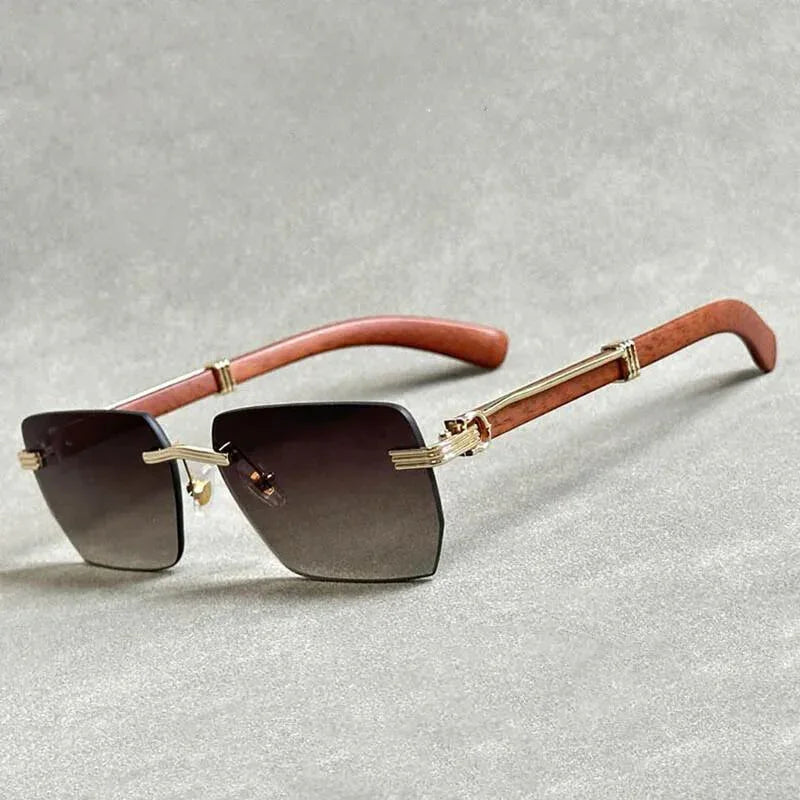 A pair of sunglasses with wooden frame and sleek wooden temples.