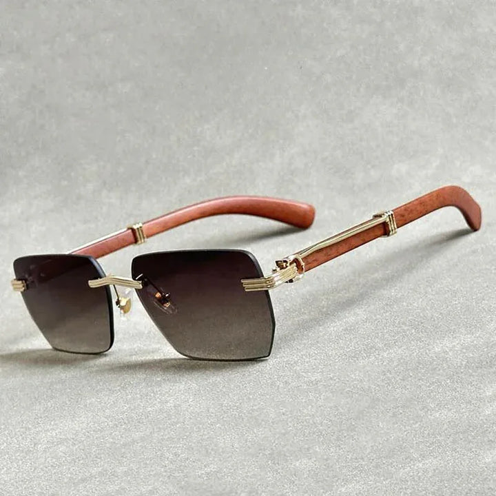 A pair of sunglasses with wooden frame and sleek wooden temples.
