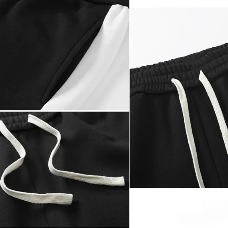 Close-up collage of black sweatpants in soft cotton blend, featuring a white pocket lining and drawstrings, elastic waistband, and relaxed fit—perfect for casual loungewear.