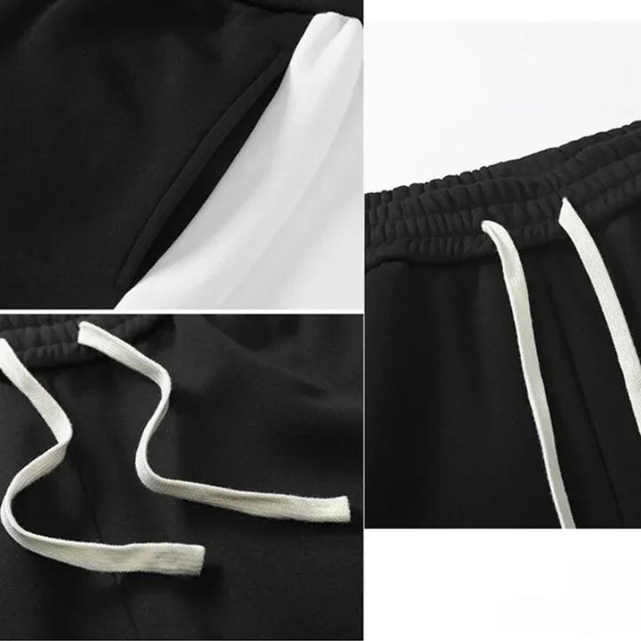 Close-up collage of black sweatpants in soft cotton blend, featuring a white pocket lining and drawstrings, elastic waistband, and relaxed fit—perfect for casual loungewear.