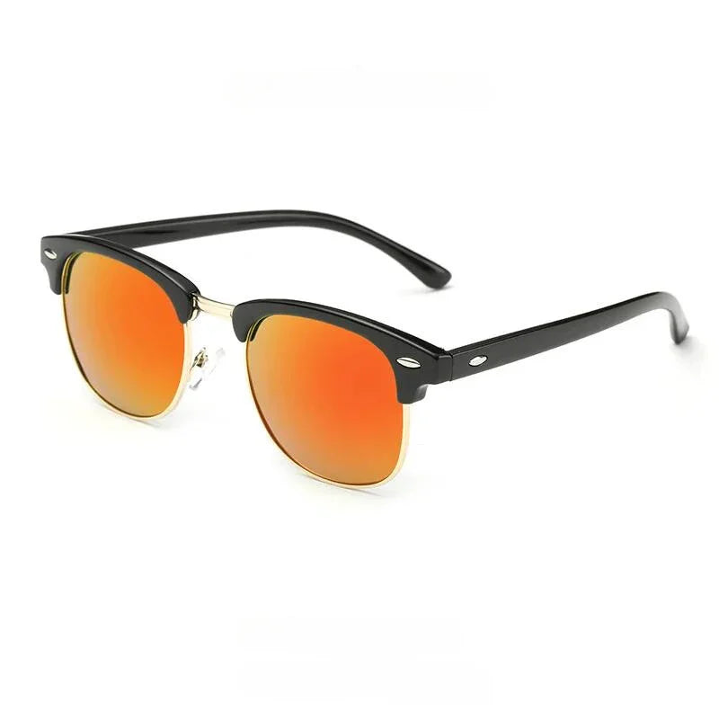 Black vintage sunglasses with a retro half-frame design and orange mirrored, polarized lenses for UV protection, displayed on a white background.