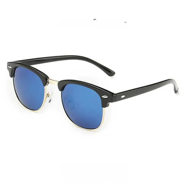 Black vintage sunglasses with blue mirrored polarized lenses and gold accents on the frames, displayed on a white background for stylish UV protection.