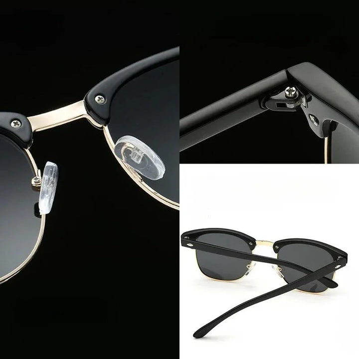 Three close-up views of black and gold vintage sunglasses: one shows the nose pads and bridge, another highlights the hinge, and the third displays the sunglasses from the back on a white surface. Features UV protection.