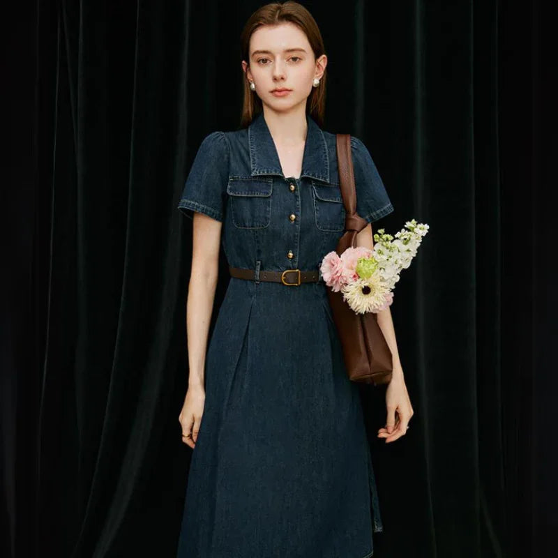 A woman in a belted denim dress, perfect for summer wear, stands against a dark velvet curtain, holding a brown bag filled with pastel flowers. She has straight brown hair and wears pearl earrings.
