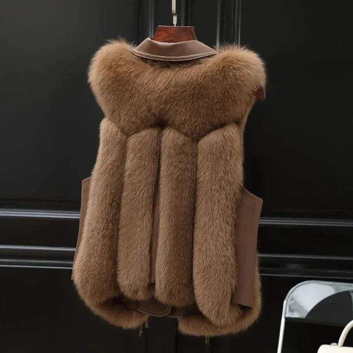 Brown faux fur vest with collar on hanger, luxury outerwear by Rovelli