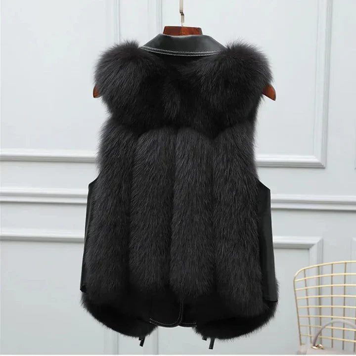 Rovelli black faux fur vest on hanger, luxury winter fashion apparel