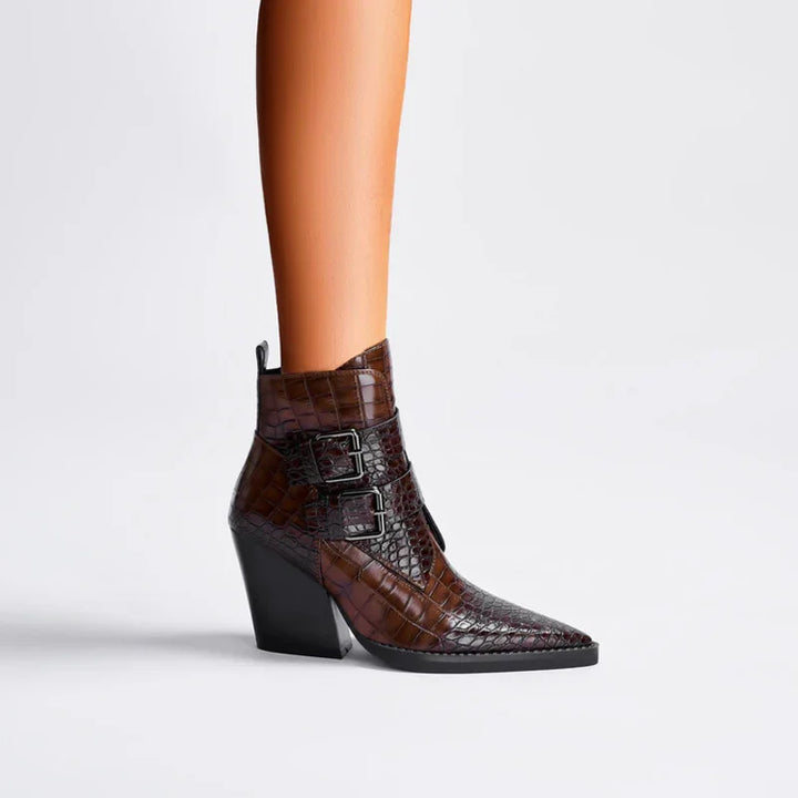 Brown crocodile pattern ankle boot with pointed toe and double buckle from Rovelli